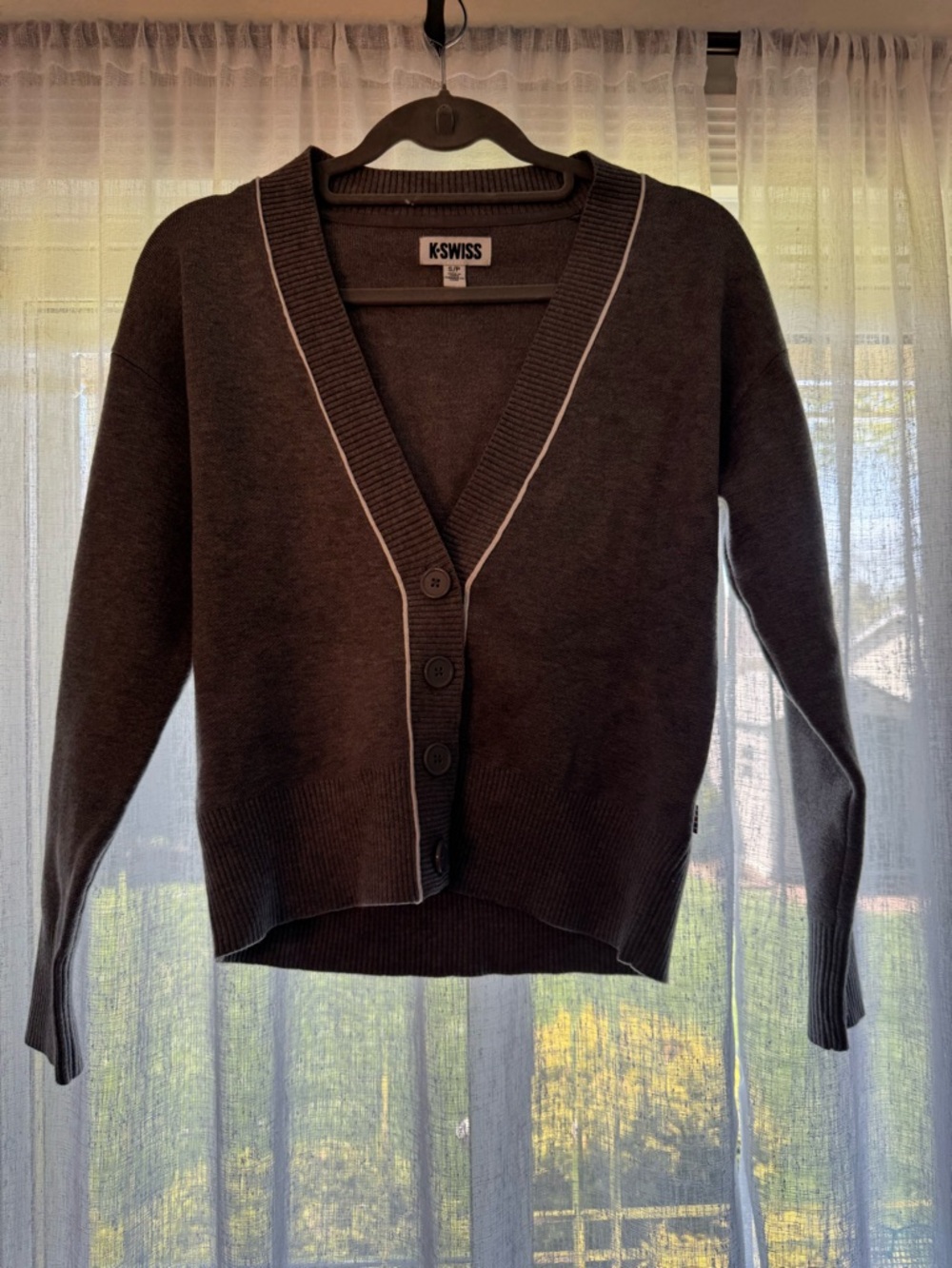 K-Swiss Dark Brown Button-Up V-Neck Sweater with White Piping